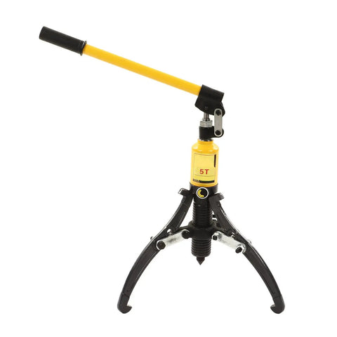 Heavy Duty 5 Ton Hydraulic Gear Puller Rock Solid Three Jaw Wheel Bearing Extractor With 360 Rotating Arms, yellow handle and black carbon steel jaws.