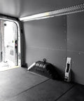 Inside view of gray wall panel with heavy-duty mounting hardware for Top Tier Gray Polypropylene Van Interior Wall Liner For Mercedes Sprinter 170Wb.