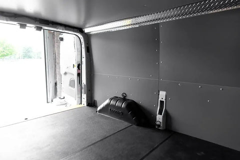 Inside view of gray wall panel with heavy-duty mounting hardware for Top Tier Gray Polypropylene Van Interior Wall Liner For Mercedes Sprinter 170Wb.