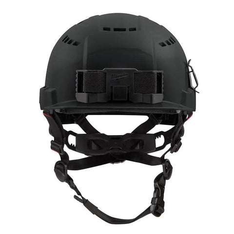 Front view of Bolt Ratchet Type II Class C Safety Helmet Black Vented Hard Hat With Quick Adjust Fit Durable Construction Jobsite Gear