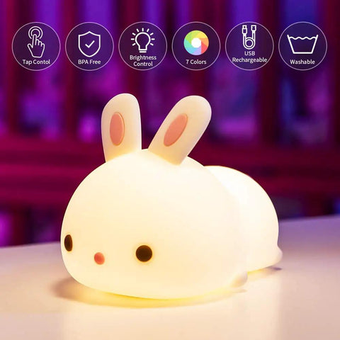 Lit Cute Bunny Night Light For Kids With 16 Colors Tap Control Dimmable Lamp on table, soft glow, bunny shape, teen room decor.