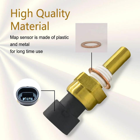 Engine coolant temperature sensor with brass body, copper washer, and black connector; close-up view.