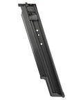 Powerful 21 Degree Cordless Framing Nailer With Extended Capacity Magazine side view of black nail extension mag for heavy construction.