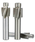 Set of 3 HSS counterbore end mills with cylindrical shanks; front view shows two large cutters and a small pilot bit.