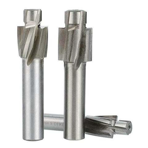 Set of 3 HSS counterbore end mills with cylindrical shanks; front view shows two large cutters and a small pilot bit.
