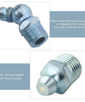 Close-up of 90-degree and straight angled nipple from 80 Piece Max Strength Grease Fitting Set With SAE Zerk NPT Threads In One Quarter Inch And One Eighth Inch Sizes.