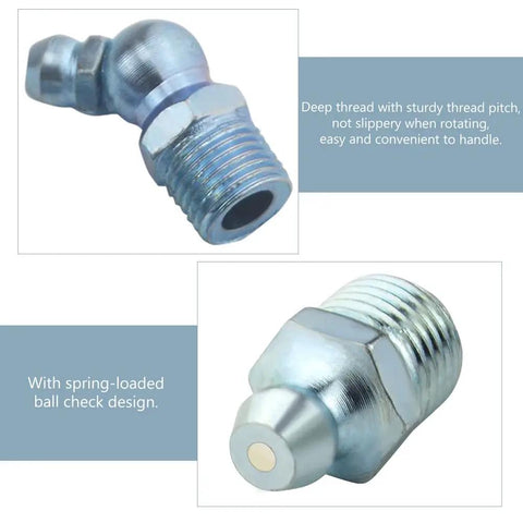 Close-up of 90-degree and straight angled nipple from 80 Piece Max Strength Grease Fitting Set With SAE Zerk NPT Threads In One Quarter Inch And One Eighth Inch Sizes.