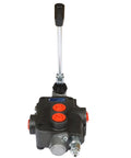 All-Carb 1-spool hydraulic directional valve, black body with red SAE port plugs and long manual lever