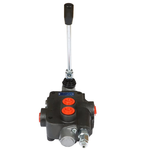 All-Carb 1-spool hydraulic directional valve, black body with red SAE port plugs and long manual lever