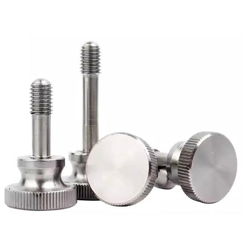 M4 X 12mm Captive Screws With Knurled Thumb Head Stainless Steel shown from side, highlighting knurled head and thread