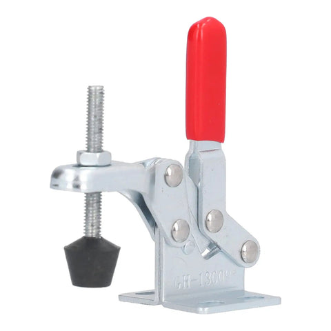 Heavy Duty Toggle Clamps For Welding Woodworking Sheet Metal Work Holding Fixture With Plastic Handle Lever Mechanism side view of silver steel clamp