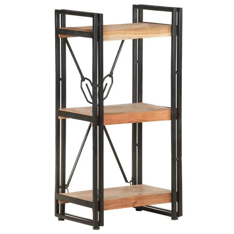 3 Tier Industrial Bookcase With Solid Acacia Wood And Black Steel Frame For Small Spaces, Rustic Modern Display Shelf side view
