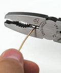 Close-up of Stripped Screw Removal Pliers For Damaged Or Rusted Fasteners With Slim Design And No Slip Jaws holding a wire.