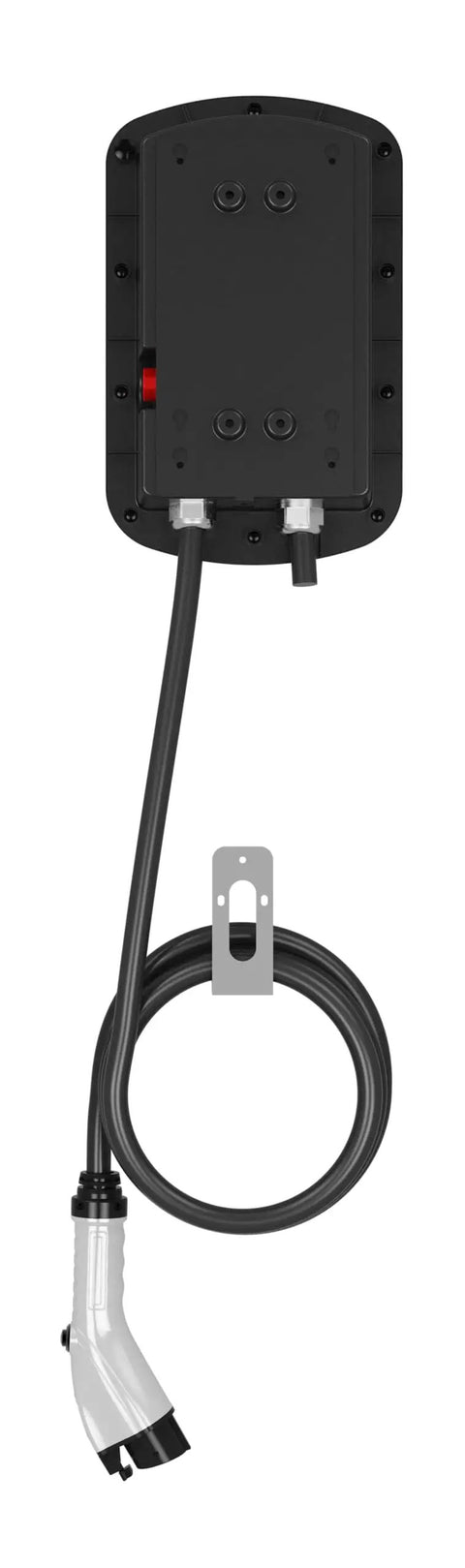 Back view of Beefy Power Level 2 Wall Mounted EV Charger Black For Commercial And Home Use With LCD Display Delivers 11.5KW At 48A 120 To 250V