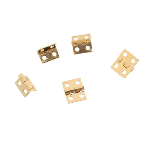 Five vintage brass cabinet hinges, 8x10mm, shown in detail for DIY furniture, jewelry boxes, and small cabinets. Tarnish resistant.