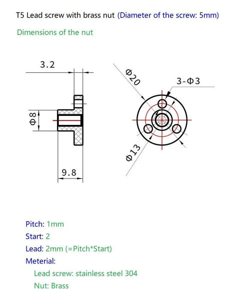 Technical drawing of brass nut dimensions for 100 Millimeter T5x2 Lead Screw And Brass Nut Kit For 3D Printer And CNC Z Axis 1mm Pitch Two Starts Two Millimeter Lead High Precision Motion Upgrade Smoother Linear Movement For Fast Easy Install