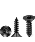 Number 8 X 5/8 Inch Black Coated Flat Head Torx Wood Screws 100 Pack in various angles, showing black finish and thread details.