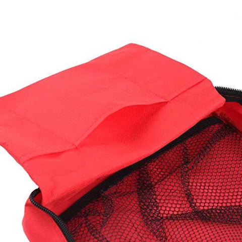 Front view of red PAXLAMB first aid bag with zip closure and interior mesh pocket
