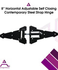 Heavy Duty Eight Inch Horizontal Self Closing Steel Strap Gate Hinge Pair For Wooden Fences Adjustable Zinc Plated Black