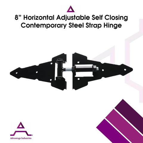 Heavy Duty Eight Inch Horizontal Self Closing Steel Strap Gate Hinge Pair For Wooden Fences Adjustable Zinc Plated Black