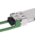 High Octane Slick QSFP28 Fiber Optic Transceiver Module with green pull tab for robust data center connections.