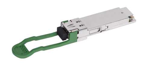 High Octane Slick QSFP28 Fiber Optic Transceiver Module with green latch, designed for heavy duty data center hook ups and switch compatibility.