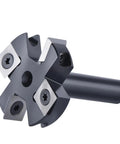 Heavy Duty Two Flute Wood Planer Router Bit With Carbide Tipped Cutters For Slab Surfacing And Spoilboard Prep Kick Tear Out To Curb And Deliver A Pro Workbench Finish In Eight Or Twelve Millimeter Shank, close-up view of the cutter head.