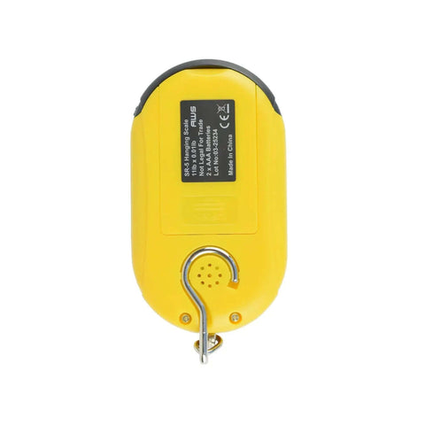 Back view of Beefy Hanging Scale With 11 Pound Capacity, LCD Digital Weigh Scale in Bright Yellow, Portable With Retractable Handle and Hook