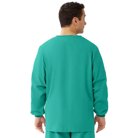 Hustle Ready Unisex Warm Up Medical Scrub Jacket Featuring Snap Front Closure Collarless Neckline shown from the back in jade green.