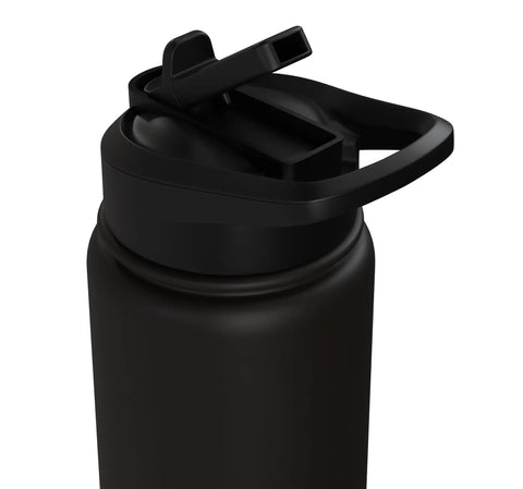 Close-up of black dual wall stainless steel water bottle with leak-proof flip lid and straw, storage woes take a backseat no cap