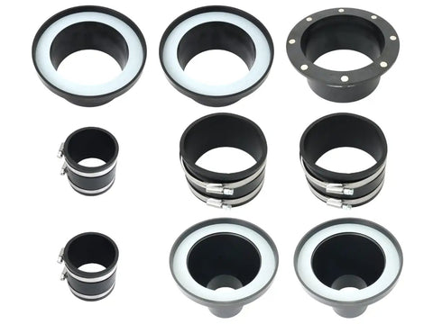 SnapMag 18-Piece Magnetic Dust Collection Super Pack For 4-Inch And 2-5 Inch Hoses And Ports with rubber unions and hose clamps.