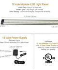 12 Inch Warm White LED Under Cabinet Lighting Kit With 3 Panels, UL Certified, dimensions and power supply details shown.