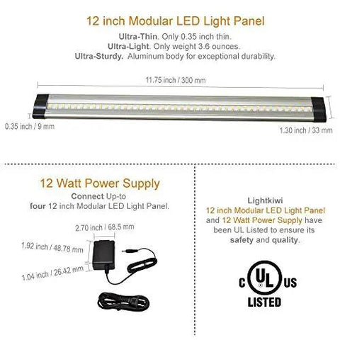 12 Inch Warm White LED Under Cabinet Lighting Kit With 3 Panels, UL Certified, dimensions and power supply details shown.