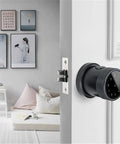 Top Tier Smart Fingerprint Door Lock With Dead Simple Biometric Entry For Heavy Duty Wood Or Metal Frames Featuring Slick Ic Card Backup Smartphone App Access And No Hassle Code on a modern door with decor in background.