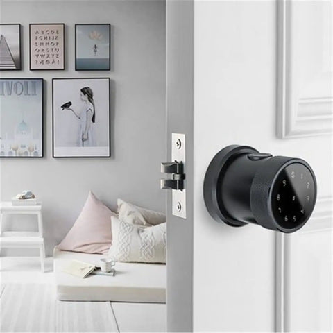 Top Tier Smart Fingerprint Door Lock With Dead Simple Biometric Entry For Heavy Duty Wood Or Metal Frames Featuring Slick Ic Card Backup Smartphone App Access And No Hassle Code on a modern door with decor in background.