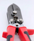 Close-up of 16-142 5-Blade Sheet Metal Crimper with ergonomic RedLine handles for HVAC installations and tight, leak-proof crimps.