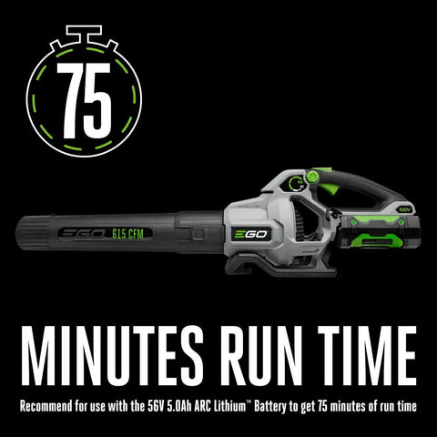 Cordless Leaf Blower With Up To 615 CFM And 170 MPH Turbo Mode For Wet Leaves Kickin 75 Minute Runtime Battery And Charger Not Included Model LB6150 For Yards displayed on black background