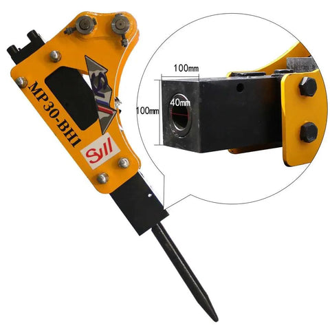 Workhorse Heavy Duty 1-1.5 Ton Mini Excavator Attachment Kit with hydraulic breaker hammer showing 100mm x 100mm interface