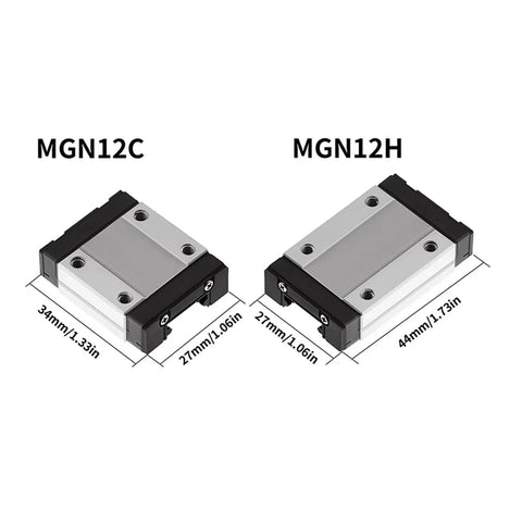 Long Dual Block Linear Rail Kit For CNC And 3D Printer With Two Black MGN Slide Blocks MGN12C and MGN12H dimensions displayed