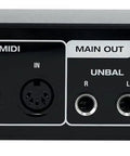 Back panel view of Premium USB Audio Interface With Dual Mic Preamps And 24 Bit 192 Kilohertz Conversion, MIDI I O, Phantom Power.