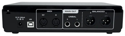 Back panel view of Premium USB Audio Interface With Dual Mic Preamps And 24 Bit 192 Kilohertz Conversion, MIDI I O, Phantom Power.