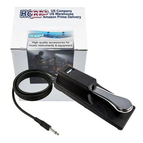 Six And A Half Foot Universal Keyboard Sustain Pedal With One Quarter Inch Plug And Play And Polarity Switch, Compatible With Casio Digital Pianos MIDI Controllers Synths And Other Keyboards With Quarter Inch Inputs shown with packaging.