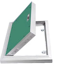 Heavy Duty Rectangular Drywall Access Panel With Paintable Concealed Aluminum Flush Cover And Clean Recessed Handle showing open cover angle.