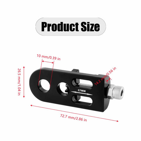 Chain Tensioner Adjuster For Single Speed Bikes Fixie And BMX With Dope Aluminum Alloy Build showing dimensions and black finish.