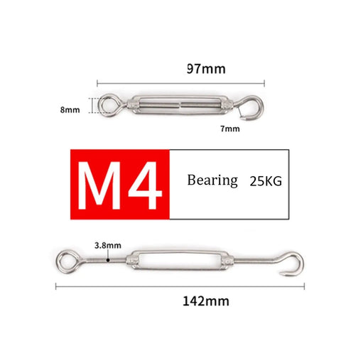 Heavy Duty 304 Stainless Steel Hook Eye Turnbuckle Wire Rope Tensioner Tough Rigging Cable Adjuster Fits One Eighth Inch Line, 97mm and 142mm sizes