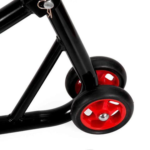 Close-up of front headlift stand for motorcycle with triple tree pins, featuring red wheels for stability and adjustable pins.