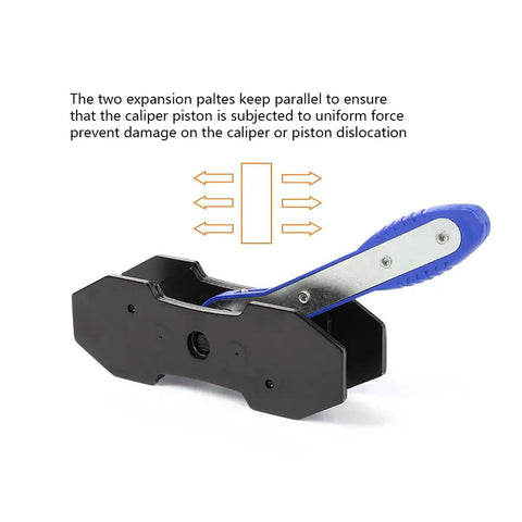 Side view of 360 Degree Brake Caliper Press Tool with two steel plates and blue ratchet piston spreader for car disc brakes.