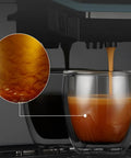 Close-up view of espresso pouring into a glass from a Fully Automatic Espresso Machine With Ceramic Flat Burrs And Nine Grind Size Options.