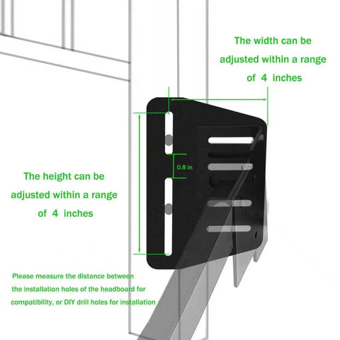 Built Tough Heavy Duty Bed Frame Adapter Connector Plates For Secure Headboard Mounting, showing adjustable height and width features.