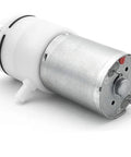Micro air pump, DC 12V vacuum pump with metal body and white plastic end cap (side view)